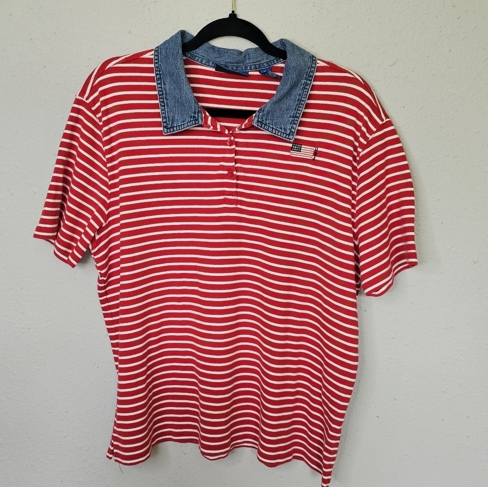 Karen Scott Sport USA American Flag Red White Striped Polo‎ Shirt Blue XL Vtg